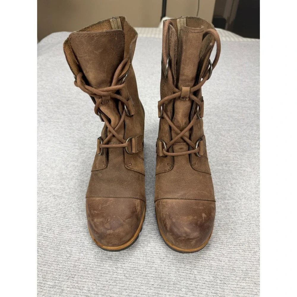 Sorel‎ Joan of Arctic Wedge II Brown Leather Lace Up Ankle Boots Womens 8 NL2305